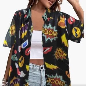 Womens Vintage 80s-90s  Retro Disco Blouse Button Shirt, Medium